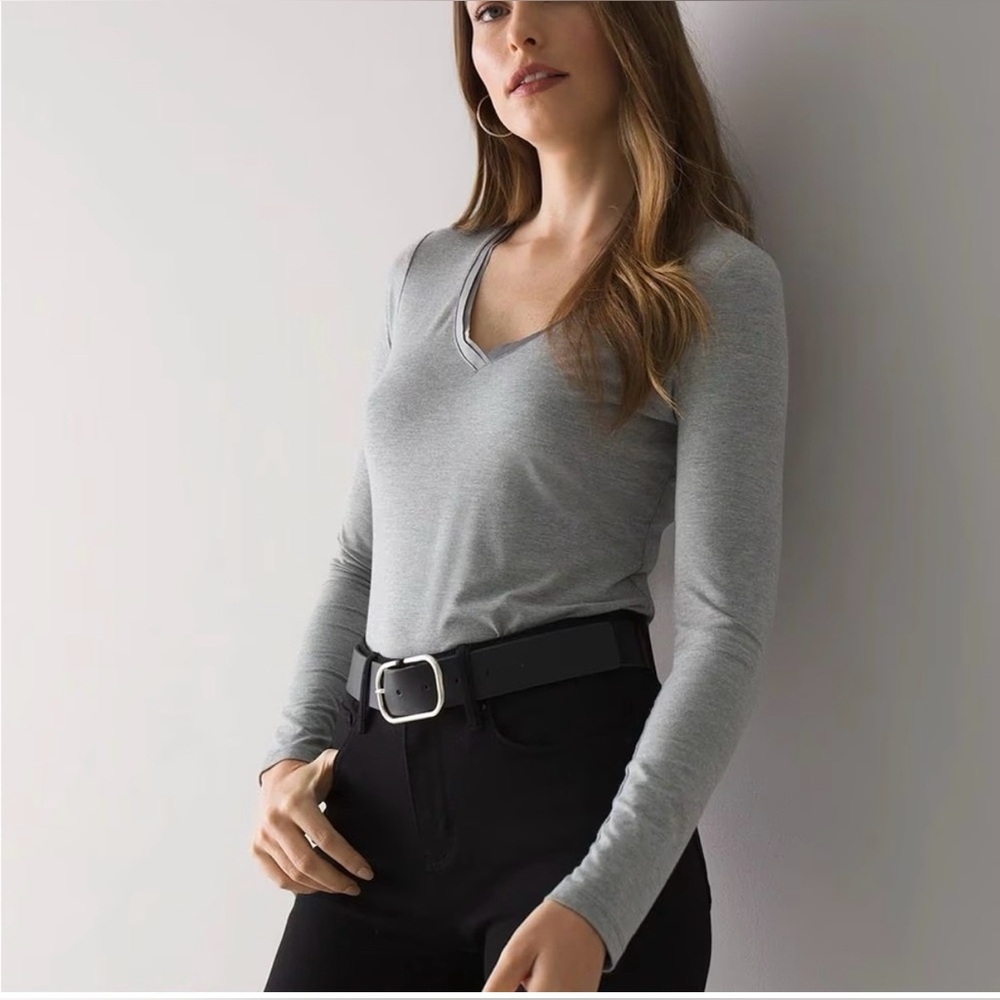WHBM Heathered Mercury Gray Double V-Neck Long Sleeve Layering Tee Size Medium